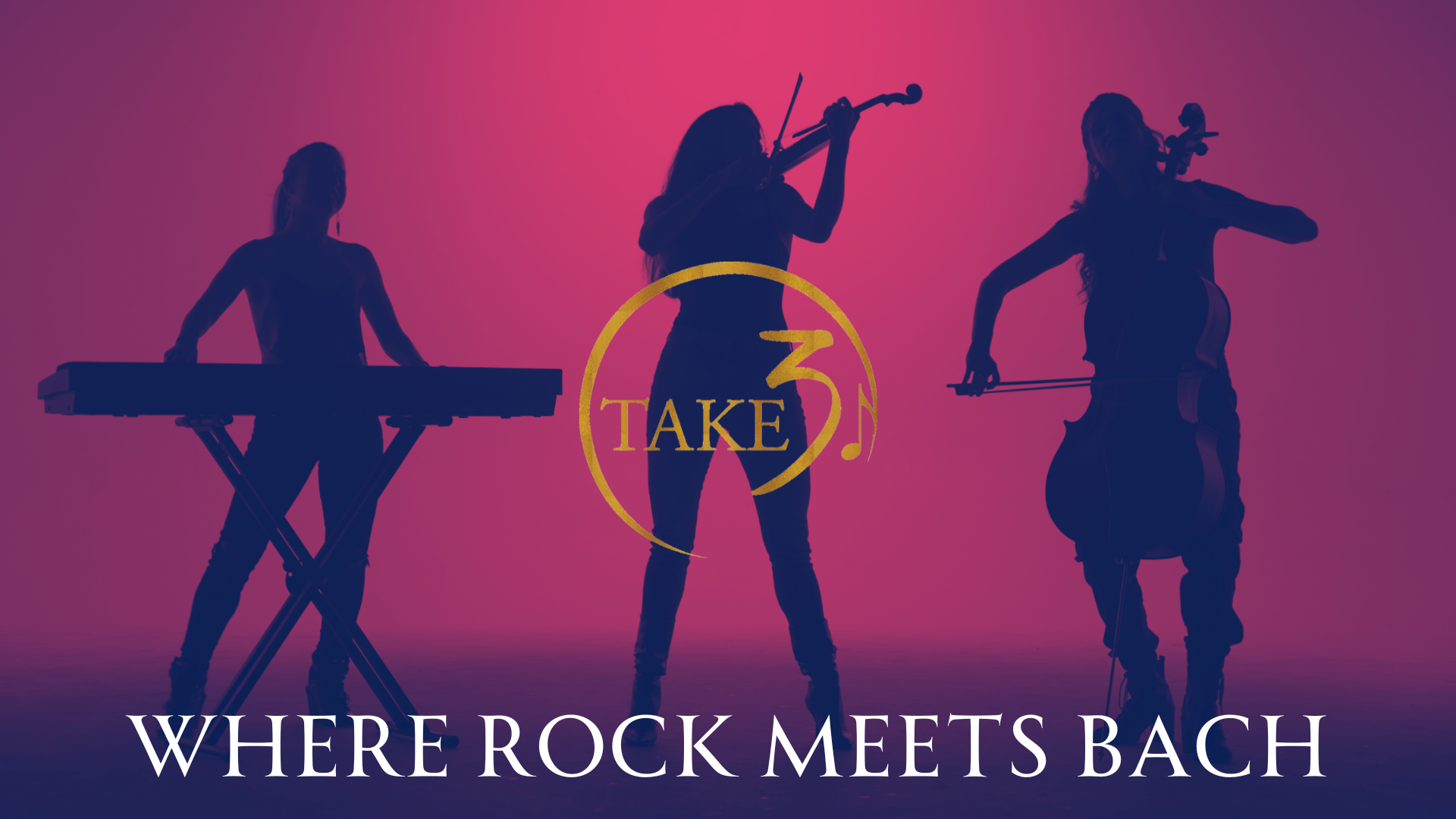 Silhouette of TAKE3 players against red background, with gold TAKE3 logo and white text reading "where rock meets bach."